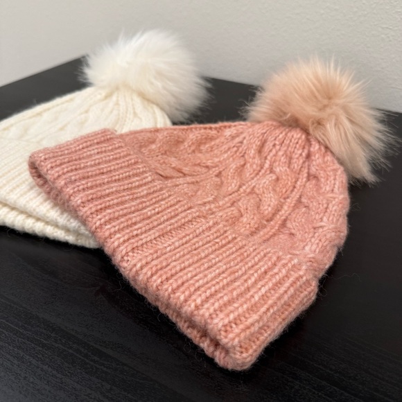 Loft Cozy Knit Pom-Pom Beanie Set - Cream & Pink - Picture 2 of 7